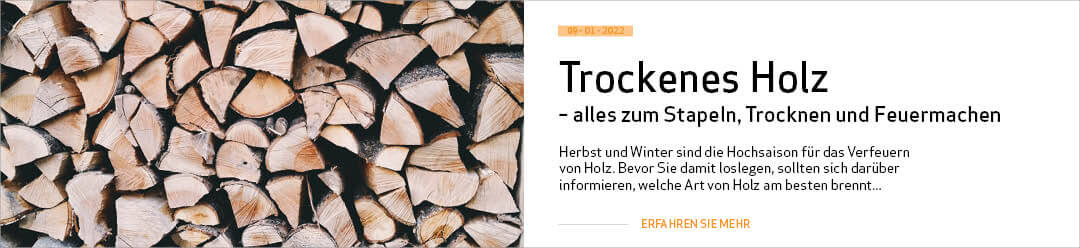 Rahmen mit Link zum Artikel über trockenes Brennholz, alles rund um Stapeln, Trocknen und Anzünden