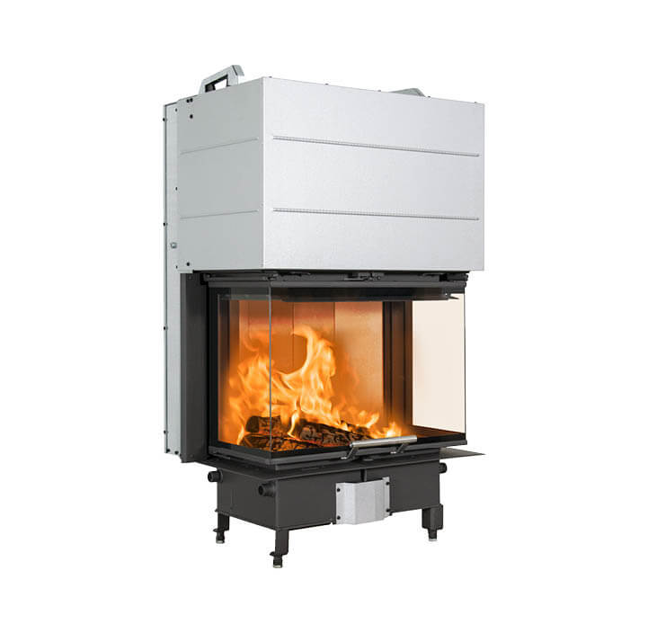 Rechteckiger Kamineinsatz Scan 5004 aus schwarzem Stahl mit Hebetür und Glas an drei Seiten und Griff aus gebürstetem Stahl