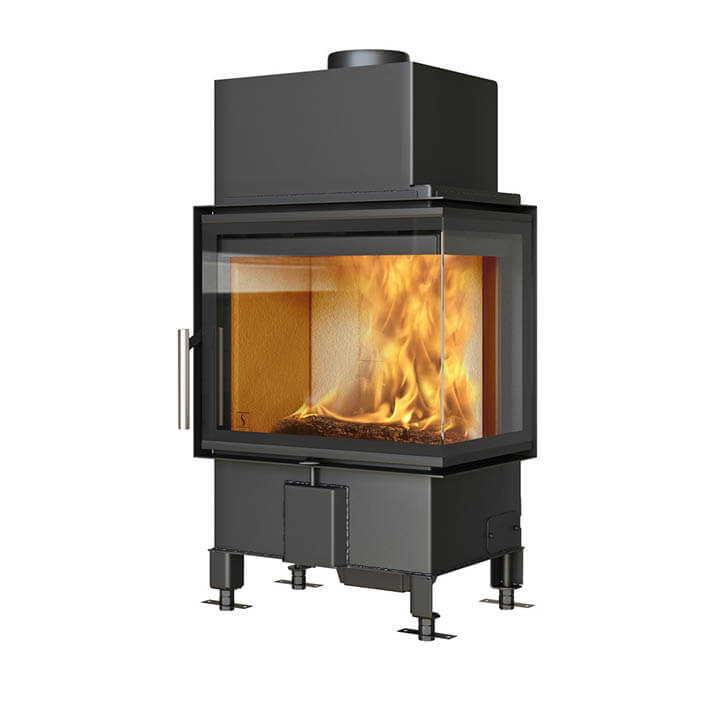 Rechteckiger Kamineinsatz aus schwarzem Stahl Scan 5006 mit Glas auf zwei Seiten und Griff aus gebürstetem Stahl