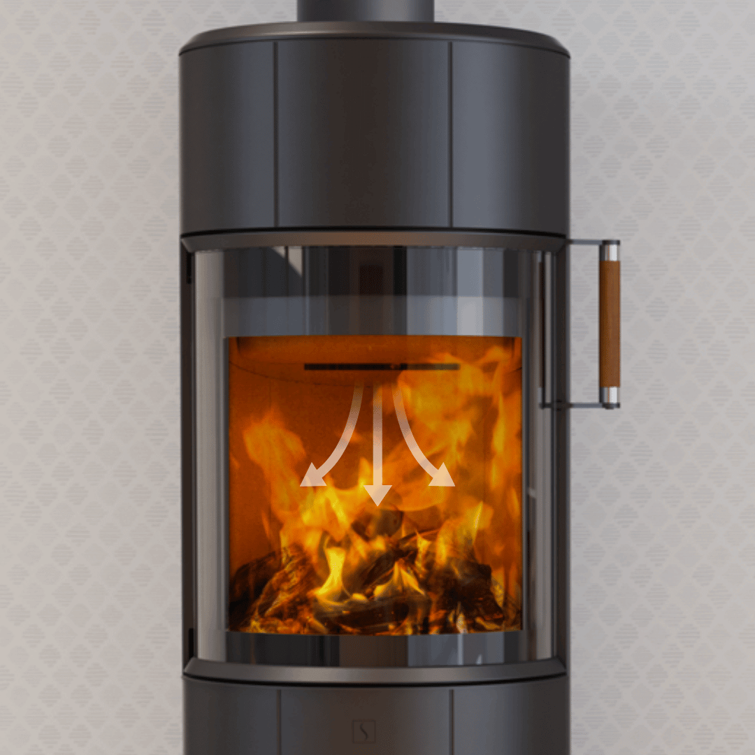 Scan 67 Serie Holzofen mit sichtbarer Luftströmung im Feuerraum, effiziente Verbrennung durch Zensoric Technologie