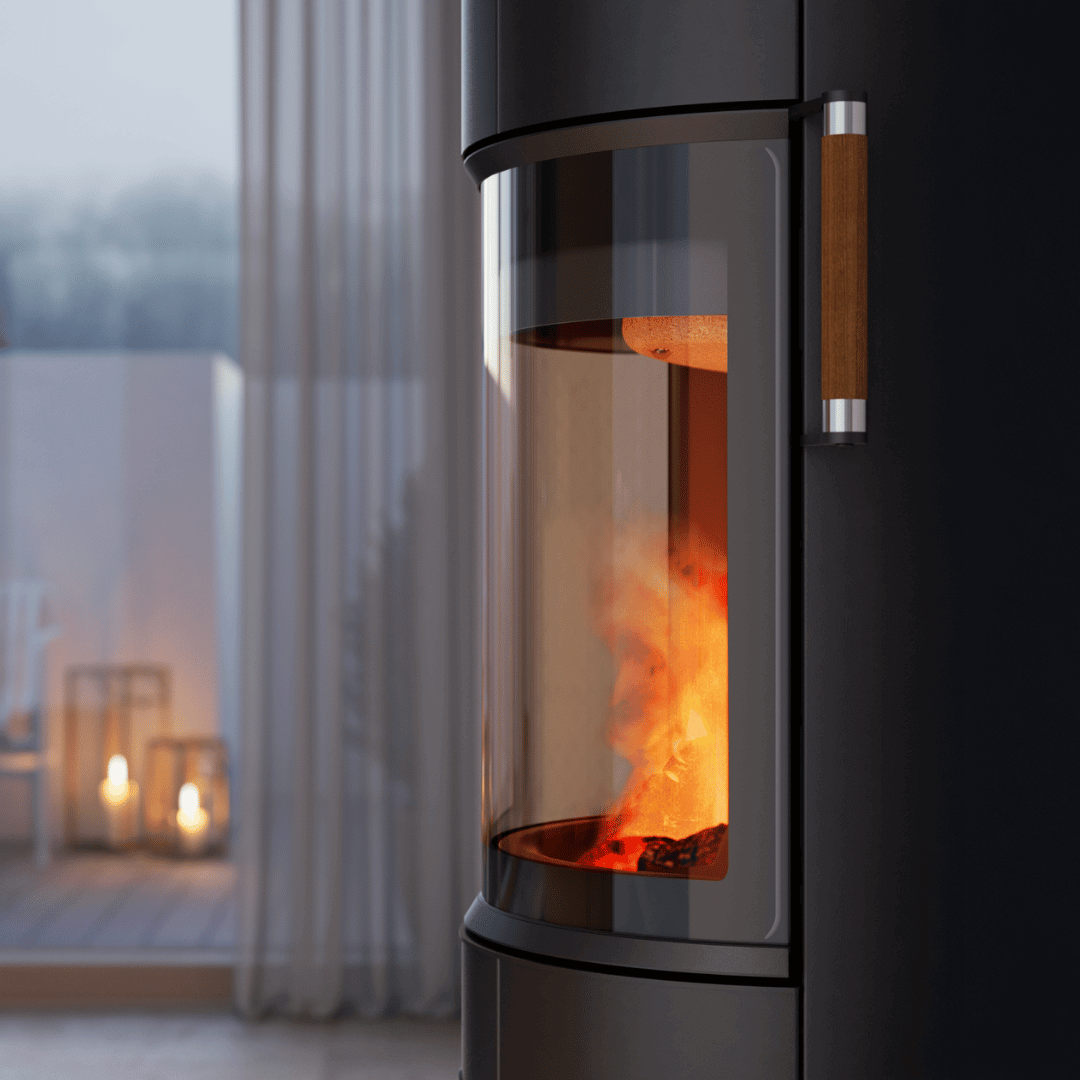 Scan 67 Serie Holzofen mit Flammen hinter großer Glastür, elegantes Design für mehr Wärme bei weniger Holzverbrauch