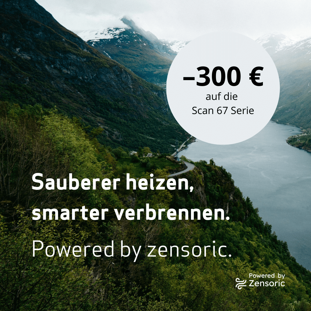 Landschaft mit Fjord und Bergen, Text mit Werbebotschaft: 300 € Rabatt auf die Scan 67 Serie, sauberer heizen mit Zensoric Technologie.