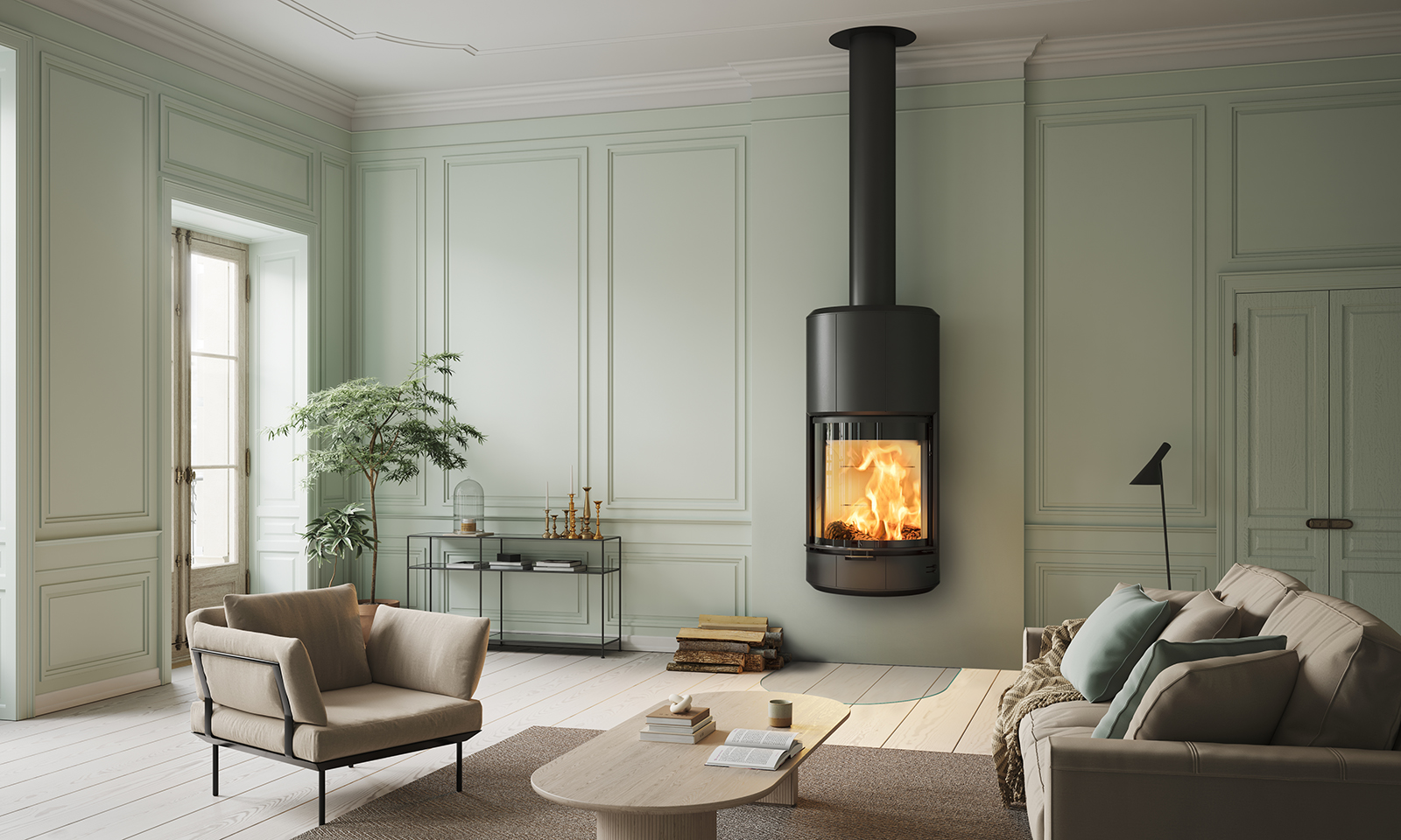 Schwarzer Kamin Scan 87 und Protokoll Red Dot Award Winner 2022 in hellgrünem Interieur mit hellbraunem Sofa und Sessel