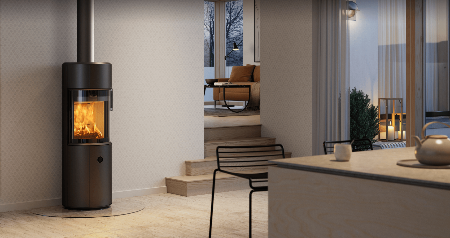 Schwarzer runder Holzofen Scan 67-1300 in einem hellen skandinavischen Kücheninterieur