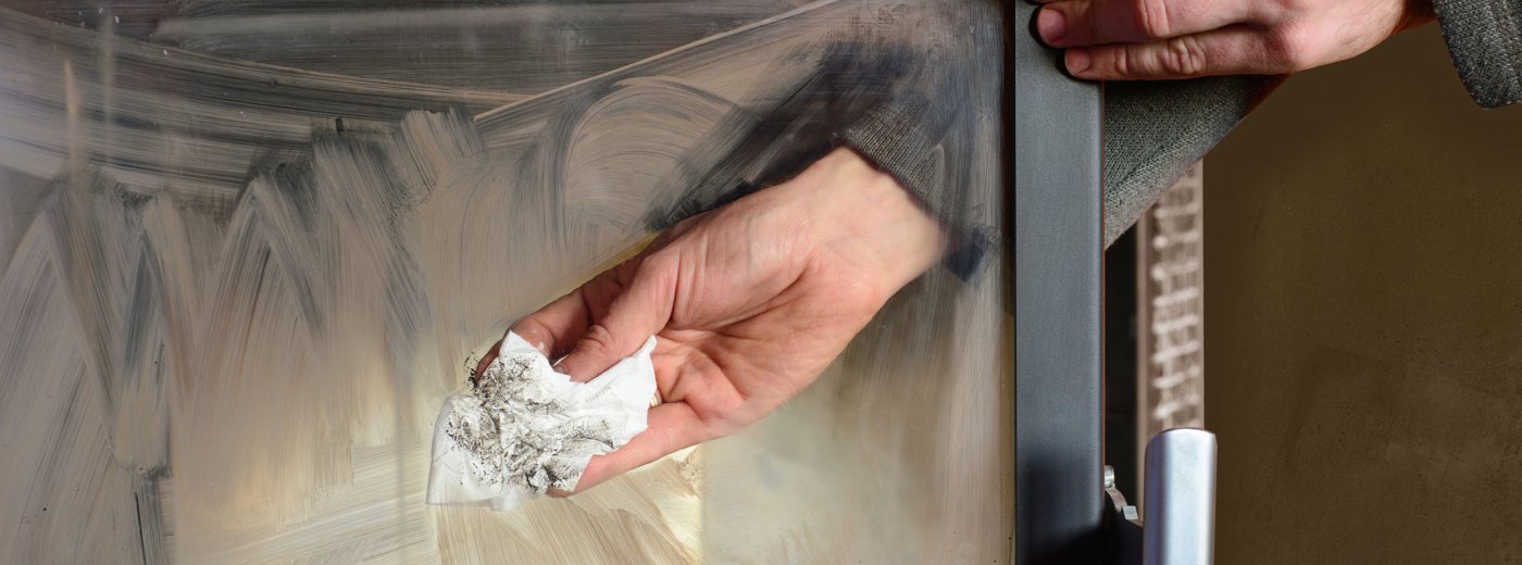 Die Hand, die ein schmutziges kaminglas reinigt