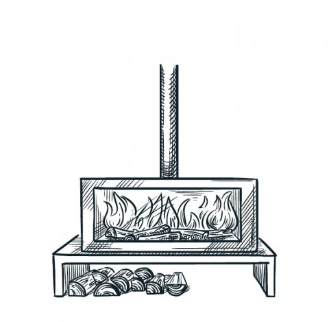 Strichzeichnung eines Kamins auf einer Bank