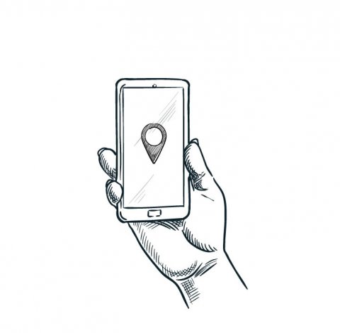 Strichzeichnung einer Hand, die ein Smartphone mit Kartensymbol hält