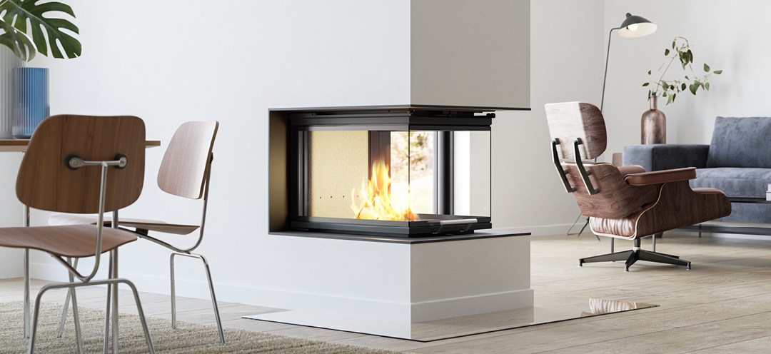 Stor peisinnsats Scan 5005 med flammer i en moderne lys stue