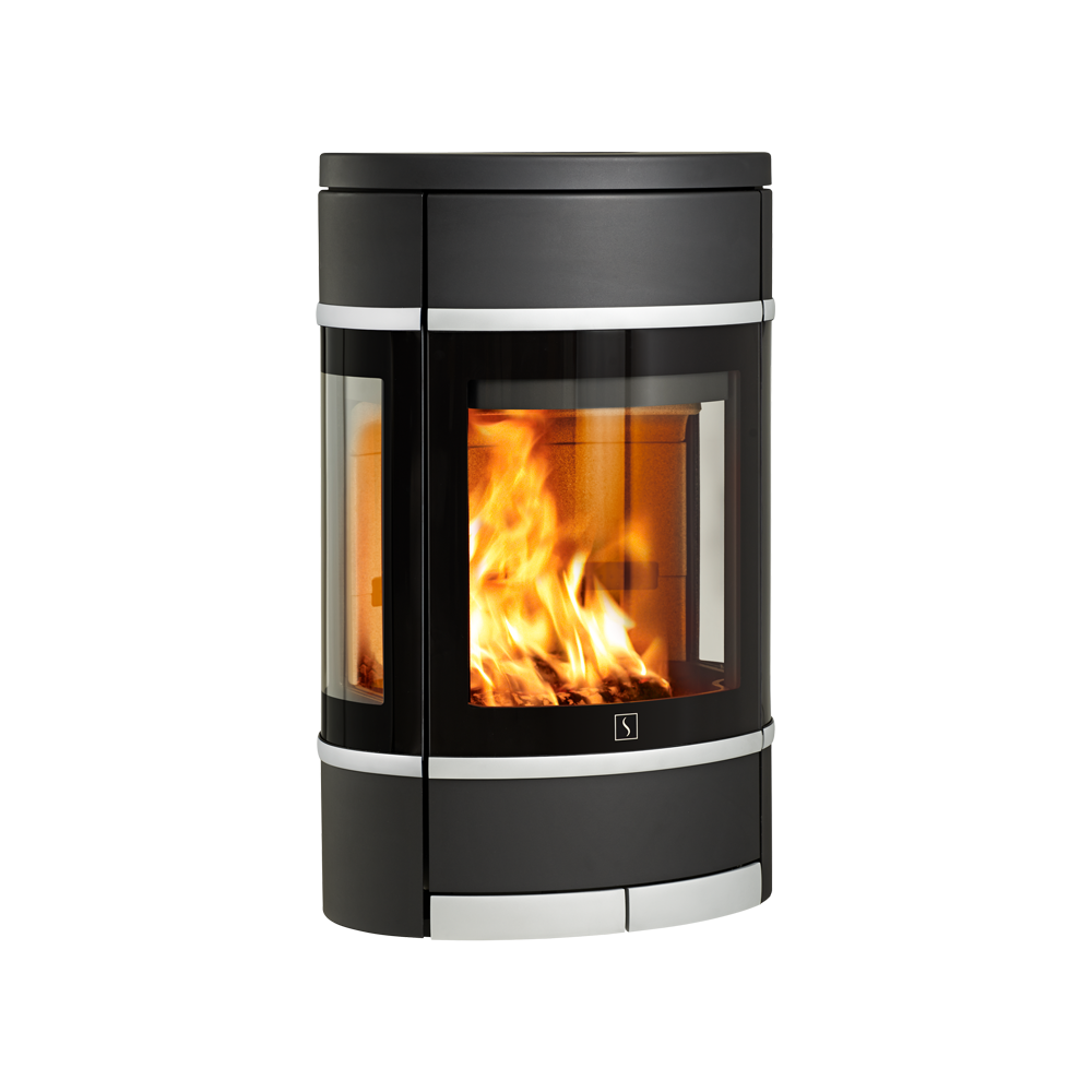 Sort oval vegghengt vedovn med sideglass aluminiumshåndtak og pyntelister Scan 68-8